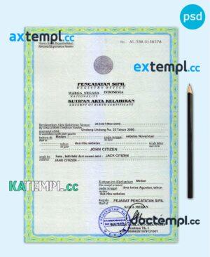 sample Indonesia birth certificate template in PSD format, fully editable download