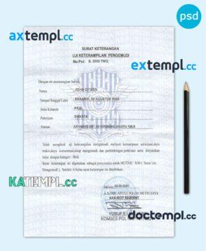 sample Indonesia driver certificate PSD template, with fonts download