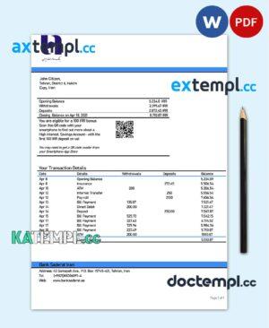 sample Iran Bank Sederet Iran proof of address bank statement template in Word and PDF format download