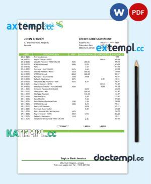 sample Jamaica Sagicor Bank statement template, Word and PDF format (.doc and .pdf) download