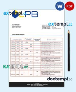 sample Latvia LPB bank statement template, Word and PDF format (.doc and .pdf) download