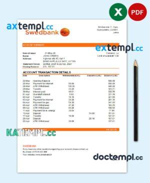 sample Latvia Swedbank bank statement easy to fill template in .xls and .pdf file format download