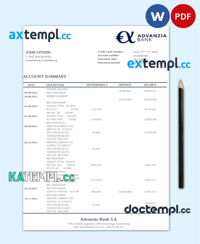 sample Luxembourg Advanzia bank proof of address statement template in Word and PDF format, .doc and .pdf format download