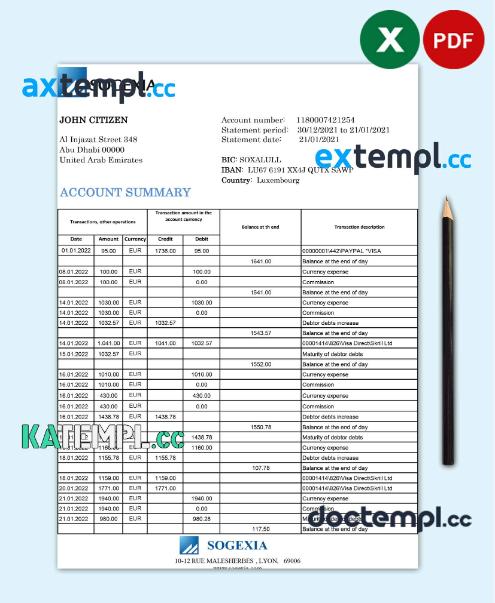sample Luxembourg Sogexia Bank statement template in Excel and PDF format download