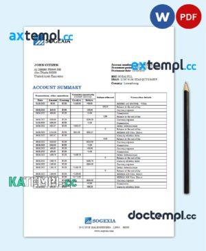 sample Luxembourg Sogexia Bank statement template in Word and PDF format download
