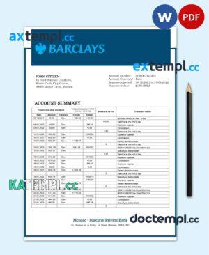 sample Monaco Barclays Private Bank statement easy to fill template in Word and PDF format download