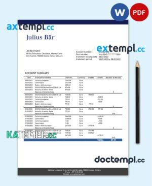 sample Monaco Julius Bar bank statement easy to fill template in Word and PDF format download