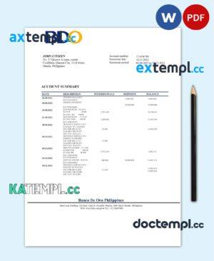 sample Philippines BDO bank statement template in Word and PDF format download