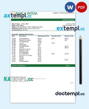 sample Poland Banca Intesa bank statement template in Word and PDF format download