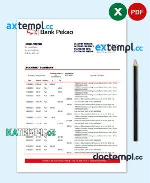 sample Poland Bank Pekao S.A. bank statement easy to fill template in Excel and PDF format download