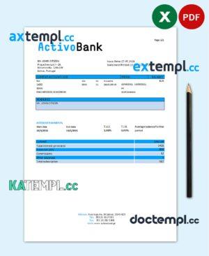 sample Portugal Activobank S.A. bank statement template in Excel and PDF format, .xls and .pdf format download