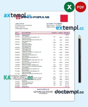 sample Portugal Banco Popular bank statement template in Excel and PDF format, .xls and .pdf format download