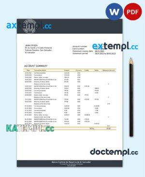 sample Salvador Banco Central de Reserva de El Salvador bank statement template in Word and PDF format download
