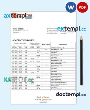 sample Seychelles Bank of Baroda bank statement template in Word and PDF format download
