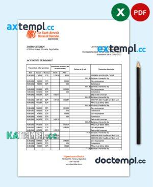 sample Seychelles Bank of Baroda bank statement, Excel and PDF template download