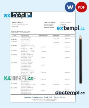 sample Sierra Leone National Development bank statement template in Word and PDF format download