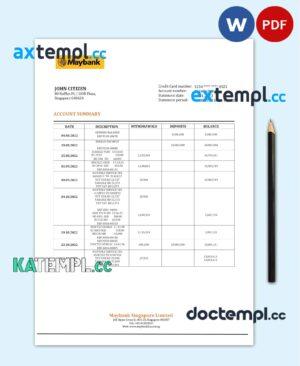 sample Singapore Maybank bank statement template in Word and PDF format download