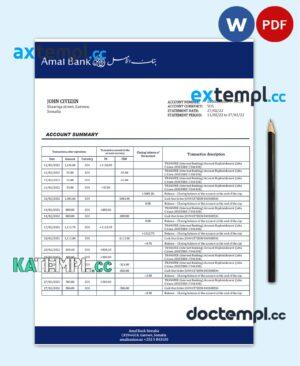 sample Somalia Amal bank statement template in Word and PDF format download