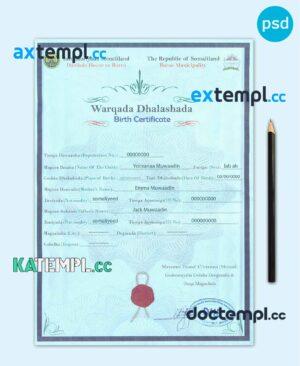 sample Somalia birth certificate template in PSD format, fully editable download