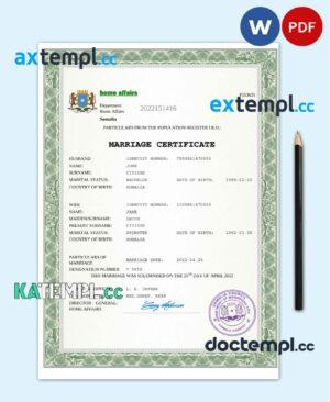sample Somalia marriage certificate Word and PDF template, fully editable download