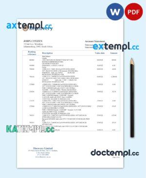 sample South Africa Discovery bank statement template in Word and PDF format download