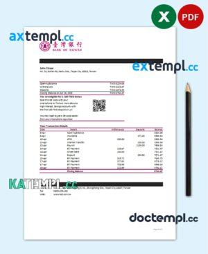 sample Taiwan Bank of Taiwan bank statement, Excel and PDF template download
