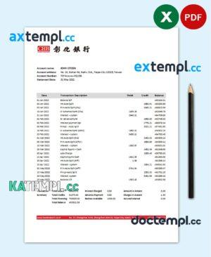 sample Taiwan Chang Hwa Bank statement, Excel and PDF template download