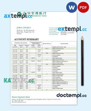 sample Taiwan Cooperative Bank statement template in Word and PDF format, good for address prove download