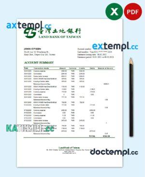 sample Taiwan Land Bank of Taiwan bank statement easy to fill template in Excel and PDF format download