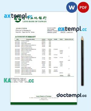 sample Taiwan Land Bank of Taiwan bank statement template in Word and PDF format, good for address prove download