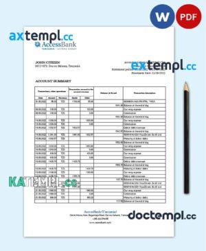 sample Tanzania Access Bank statement template in Word and PDF format download