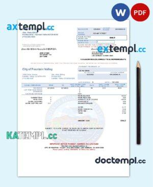 sample USA California City of Fountain Valley utility bill template in Word and PDF format download