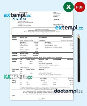 sample USA Georgia SunTrust bank statement template in Excel and PDF format download