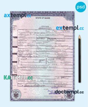 sample USA Maine state death certificate template in PSD format, fully editable download