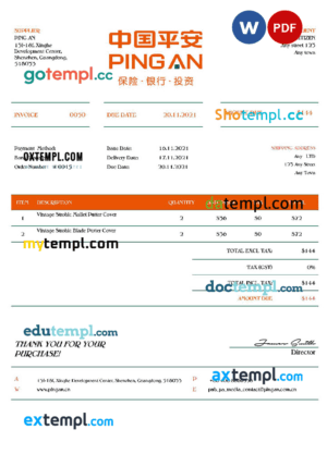 sample USA Ping An invoice template in Word and PDF (.doc and .pdf) format download