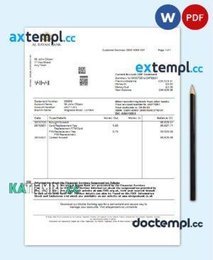 sample United Kingdom Al Rayan bank statement template in Word and PDF format download