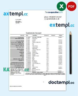 sample United Kingdom The Co-operative bank statement in Excel and PDF format download