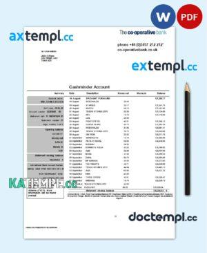 sample United Kingdom The Co-operative bank statement in Word and PDF format download