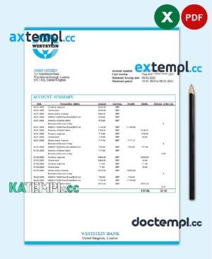 sample United Kingdom Weststein Bank statement in Excel and PDF format download