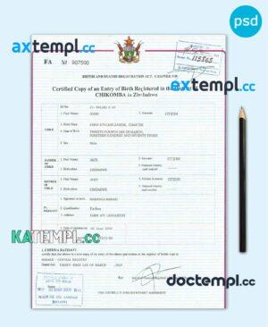 sample Zimbabwe birth certificate template in PSD format, fully editable download