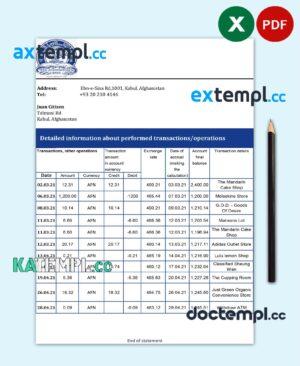 sample Afghanistan Da Afghanistan bank statement template in Excel an PDF format download