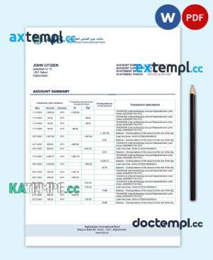 sample Afghanistan International Bank (AIB) bank statement template in Excel and PDF format download