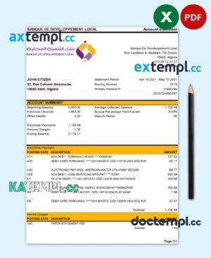 sample Algeria Banque De Developpement Local bank statement template in Excel and PDF format download