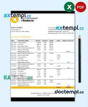 sample Andorra BancSabadell d'Andorra bank statement template in Excel and PDF format download