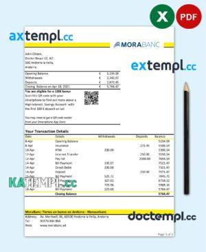 sample Andorra MoraBank bank statement template in Excel and PDF format download