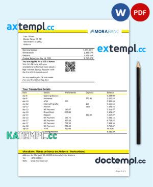 sample Andorra MoraBank bank statement template in Word and PDF format download