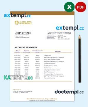 sample Antigua and Barbuda Global Bank of Commerce bank statement template in Excel and PDF format download