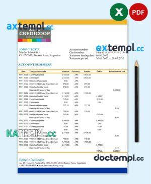 sample Argentina Banco Credicoop bank statement template in Excel and PDF format download