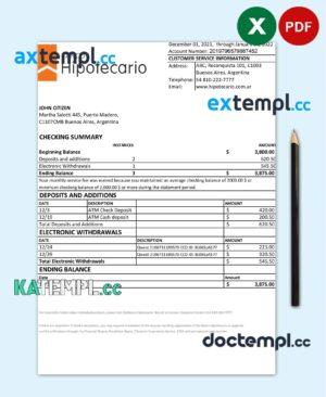 sample Argentina Banco Hipotecario bank statement template in Excel and PDF format download