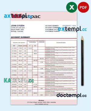 sample Australia Westpac bank statement template in Excel and PDF format download